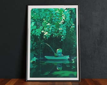 Frog Fishing Art Print: Cottagecore Forest Artwork