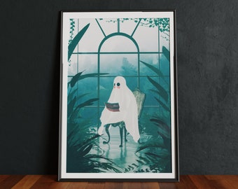 Ghost Reading Art Print: Cozy Halloween Cottagecore Decor