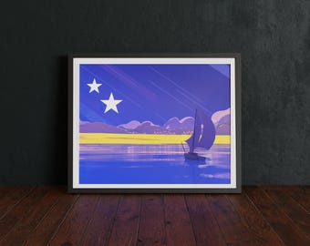 Curaçao Flag Art Print, Sailboat Illustration, Sunset Coastal Wall Art