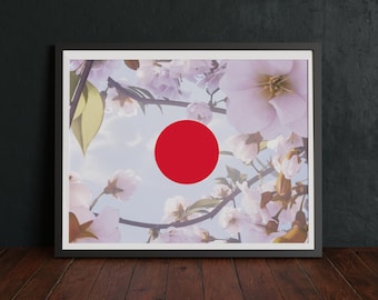 Japan Flag Art, Sakura Print, Japanese Wall Art Decor