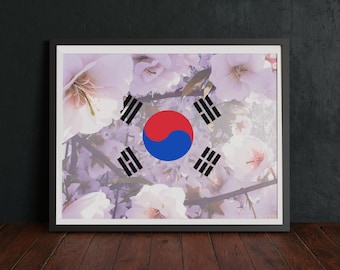 South Korea Flag Art, Cherry Blossom Print, Korean Wall Art Decor