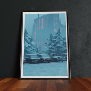 Dystopische scifi-kunstafdruk: Vaporwave besneeuwde scène
