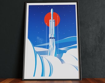 Könnte beinhalten: Eine digitale Illustration eines weißen Raumschiffs vor einem blauen Himmel mit einer roten Sonne und weißen Wolken. Das Raumschiff ist mit "SpaceX" beschriftet und hat eine weiße Rauchfahne, die aus dem unteren Teil kommt.