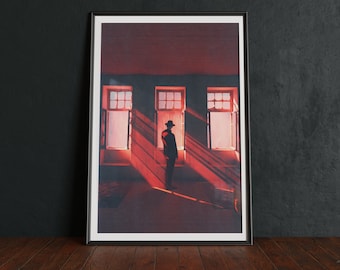 Red Noir Print: Surreal Man in Room, Vintage Horror Artwork
