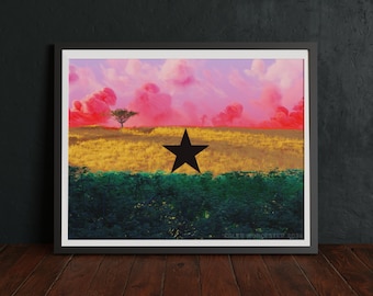 Ghana Flag Art, Acacia Tree Print, Savanna Grassland Wall Art