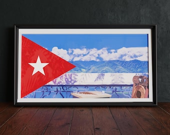 Cuba Flag Art, Havana Balcony Print, Tropical Coffee Wall Art