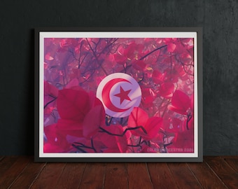 Tunisian Flag Illustration, Red Bougainvillea Botanical Wall Art