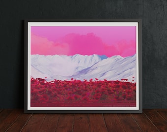 Austria Flag Art, Mountain Range Print, Pink Sky Red Flower Decor