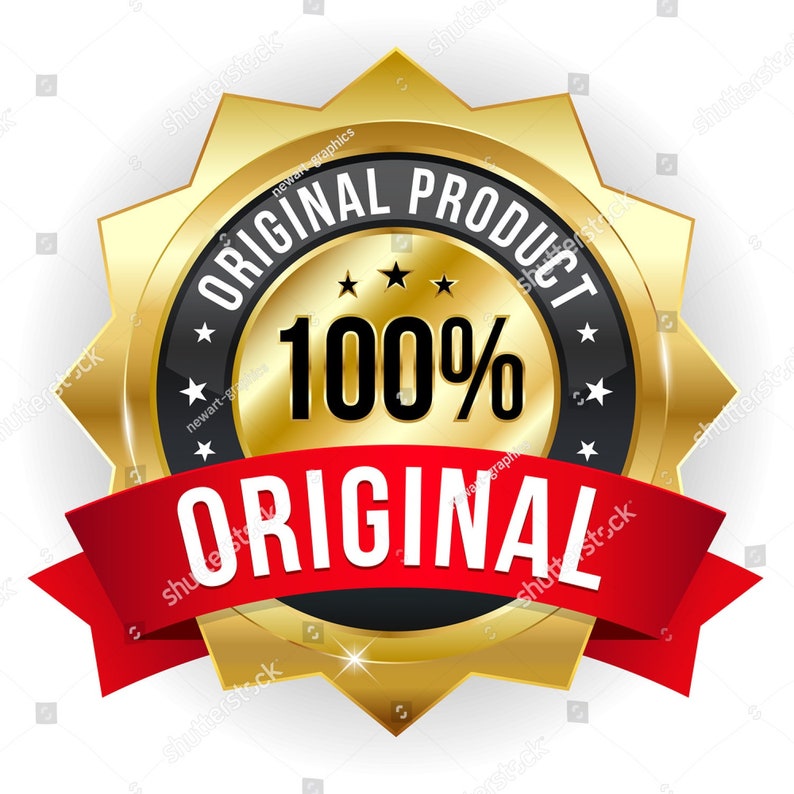 Op de afbeelding: Een goudkleurige badge met de tekst "ORIGINAL PRODUCT" in een zwarte ring en "100%" in het midden. Een rood lint met het woord "ORIGINAL" is over de onderkant gedrapeerd. De badge heeft een sterrenpatroon.