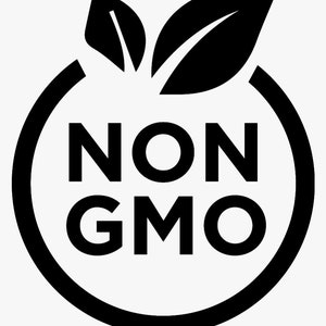 Op de afbeelding: Een zwart-wit Non-GMO-label. De tekst "NON GMO" staat in een zwarte cirkel, met twee bladeren bovenaan. Het ontwerp is eenvoudig en vetgedrukt, geschikt voor voedselverpakkingen of productetikettering.