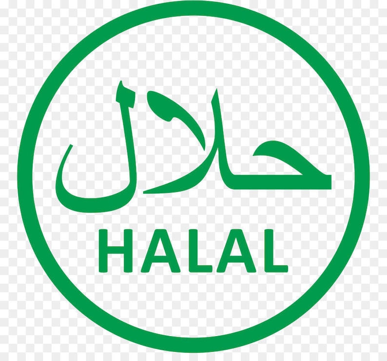 Op de afbeelding: Een groen Halal-symbool, een cirkelvormig embleem met Arabisch schrift en het Engelse woord "HALAL" in een vetgedrukte, schreefloze lettertype. Het ontwerp staat tegen een transparante achtergrond.