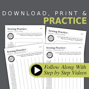 Puede incluir: Cuatro hojas de práctica de costura imprimibles con instrucciones para coser en línea recta, hacer puntadas hacia atrás, girar y coser curvas. Cada hoja presenta un logotipo de Calico Jam y el texto "Para usar con la serie de videos de YouTube de Calico Jam: "Máquina de coser para principiantes""