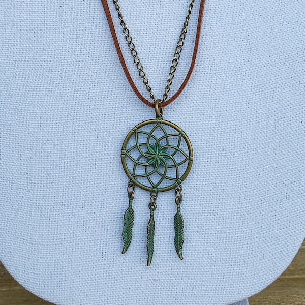 Bohemian Antiqued Bronze Colored Chain Brown Faux Suede Leather Necklace Antiqued Bronze Patina Colored Dreamcatcher Hippie Jewelry Boho