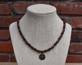 Bohemian Wood Necklace Compass Charm Antiqued Copper Color Hippie Style Women Necklace Boho Men Travel Beaded Necklace Handmade Jewelry