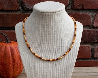 May include: A beaded necklace displayed on a mannequin. The necklace features small, round beads in shades of brown, tan, and gold. The background includes a brick wall, a pumpkin, and fall leaves, suggesting a seasonal theme.