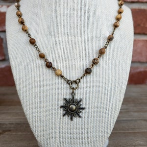 Beaded Boho Bronze Colored Sun Charm Necklace Made with 6mm Picture Jasper Bead Bohemian Style Beaded Necklace Hippie Jewelry Handmade