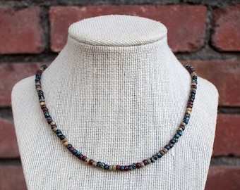 Minimalist Beaded Necklace Icy Blue & Silver with Brown Glass Leaves