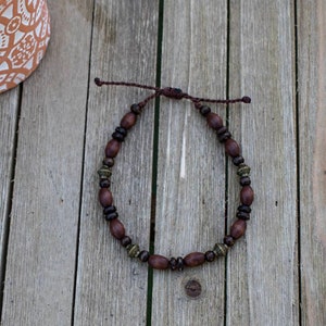 Brown Wood Boho Bead Bracelet with Antiqued Bronze Colored Lantern Beads Bohemian Beaded Bracelet Hippie Beaded Bracelet Men Bracelet Women