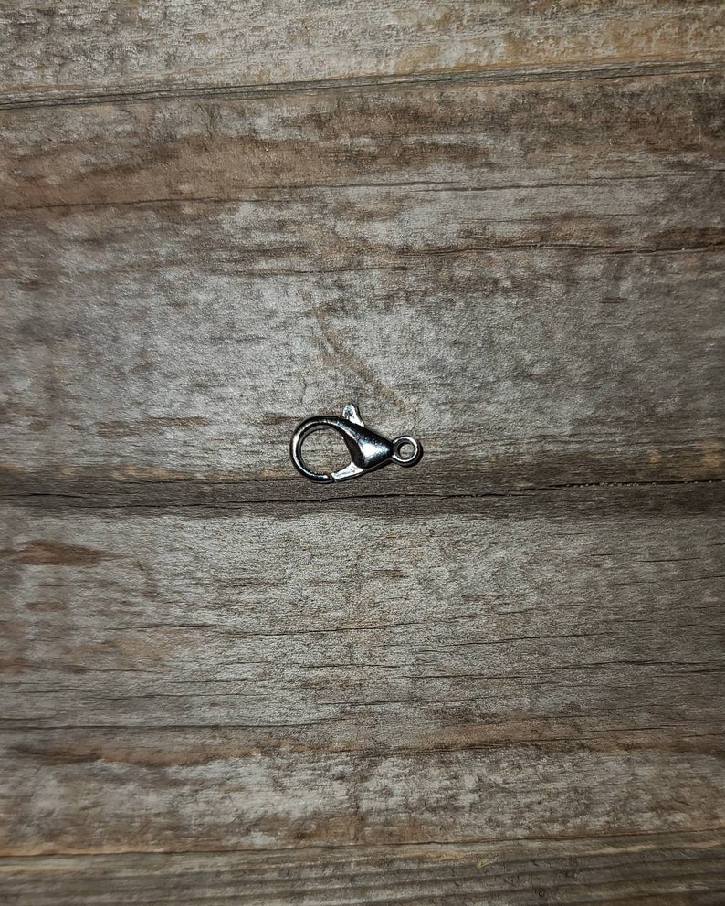 May include: Silver-toned metal lobster clasp, a type of fastener used for jewelry making or attaching to bags or other accessories.