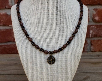 Boho Wood Bead Necklace: Antiqued Compass Charm, Handmade