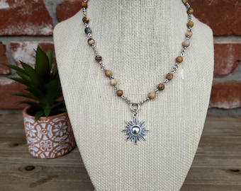 Beaded Picture Jasper Necklace: Silver Sun Charm, Boho Hippie Jewelry