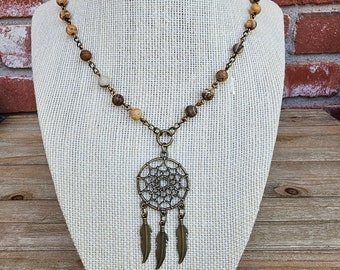 Boho Dreamcatcher Necklace: Picture Jasper Beads, Bronze Charm