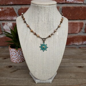 Boho Picture Jasper Beaded Necklace: Patina Sun Charm, Hippie Jewelry