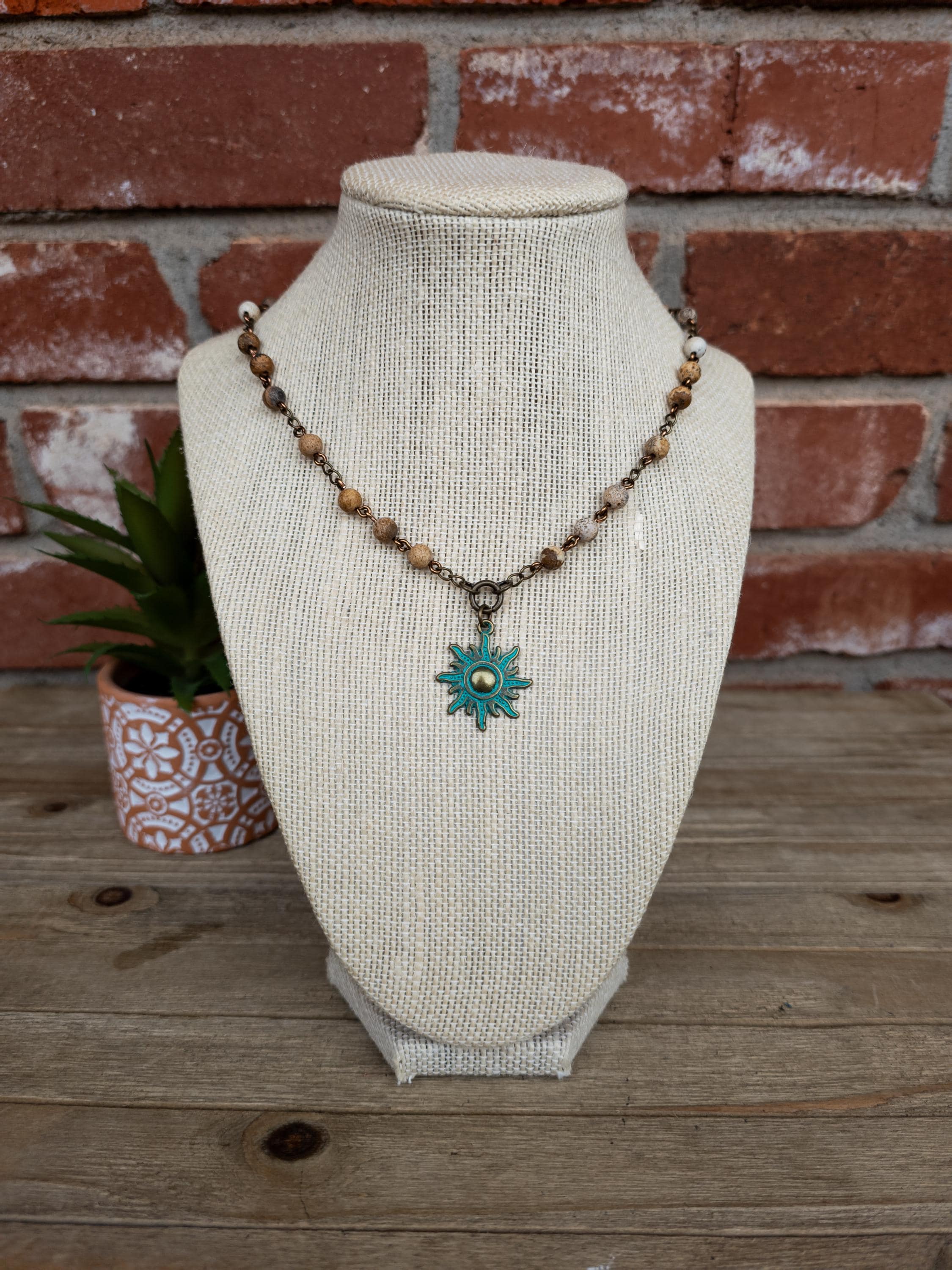 Boho Picture Jasper Beaded Necklace: Patina Sun Charm, Hippie Jewelry