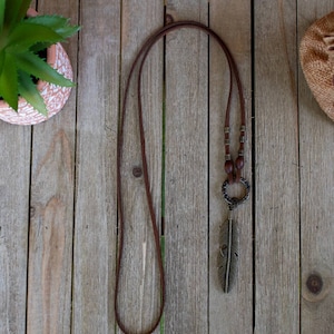 Boho Feather Necklace: Brown Faux Suede, Brass Charm
