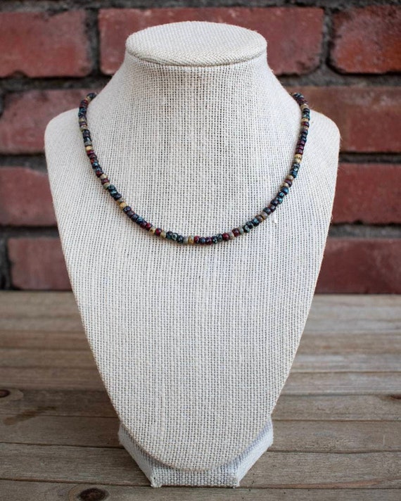 Minimalist Bohemian 6/0 Glass Seed Bead Necklace With Black Red Brown Picasso Beads Hippie Jewelry Necklace Boho Bead Minimal Necklace