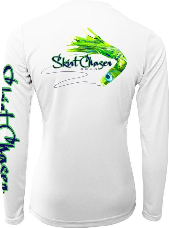 Women's Long Sleeve White Mahi UPF 50 Microfiber Performance Fishing Shirt  by Skirt Chaser Gear 