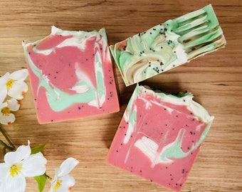 Watermelon Taffy Artisan Soap: Vegan Cold Process Soap with Poppy Seeds
