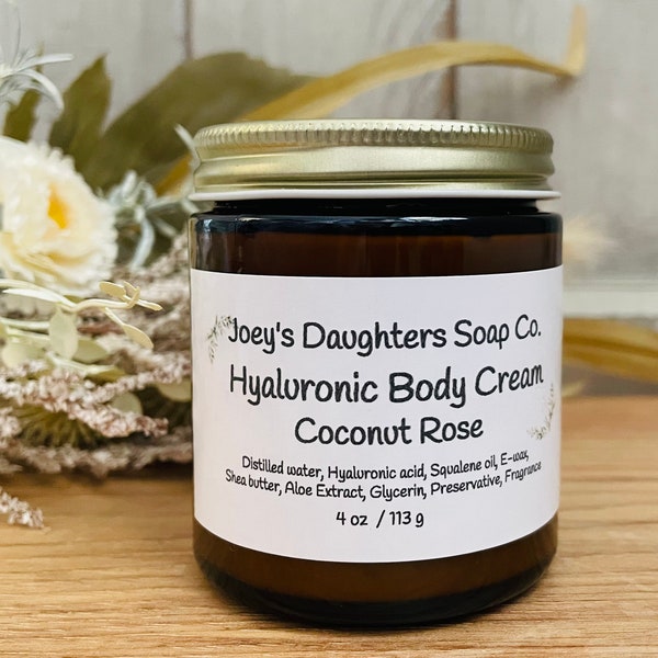 Hyaluronic Body Cream/4 oz /Coconut Rose Body Cream/Moisturizer/Hydrating Body Lotion/Skincare/Bath and Body
