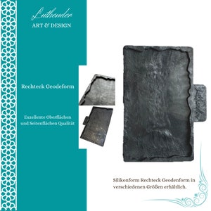 Könnte beinhalten: Eine schwarze Silikonform zum Erstellen von rechteckigen Geodenformen. Die Form hat eine strukturierte Oberfläche und ist in verschiedenen Größen erhältlich.