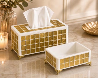 Coffret de luxe pour boîte à mouchoirs avec plateau | Mosaïque dorée artisanale | Décoration de salle de bain | Housse pour boîte à mouchoirs | Idée cadeau