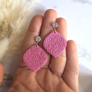Handmade polymer clay earrings – pink & pink stud earrings with textured pattern | mandala | and crystal