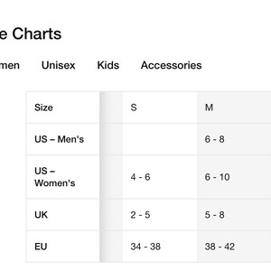May include: Nike size chart for men's, women's, and unisex clothing. The chart shows sizes in US, UK, and EU sizes. The chart is divided into three columns: S, M, and L. Each column shows the size range for each size.