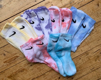 Tie dye Nike socks, sport’s crew style and quarter ankle style, adult, kids and toddler sizes multi coloured