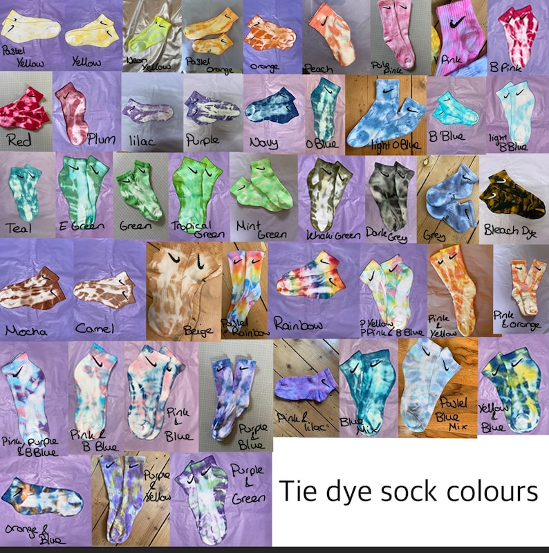 May include: A collage of 36 different tie-dye socks in various colors, including pastel yellow, red, teal, mocha, pink purple, and orange blue. The socks are arranged in a grid pattern and labeled with their corresponding colors. The text "Tie dye sock colours" is at the bottom of the image.