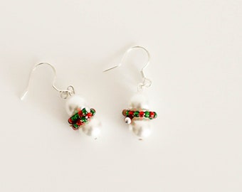 Snowman in a Wooly Scarf. Xmas snowman earrings. Pearl snowman earrings. Made from Miyuki Toho size 11 beads and pearls.