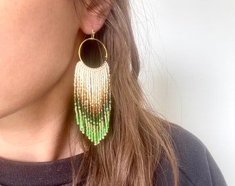 Miyuki Green Ombré Fringe Earrings/Bohemian long beaded dangle earrings/Handmade statement earrings/abstract art/spiritual jewelry/feather