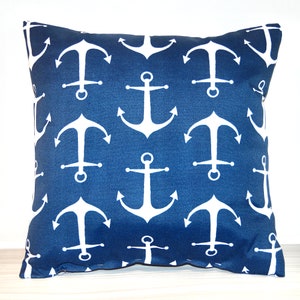 Decorative Designer Pillow | Navy Blue & White Nautical Anchor Design | Square 16&quot; x 16&quot; | Outdoor Waterproof Fabric | Sealed, No Zipper