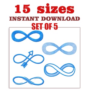 May include: Set of five blue infinity symbol embroidery designs. The designs include a simple infinity symbol, an infinity symbol with an arrow, an infinity symbol with a textured look, and an infinity symbol with a double outline. The text "15 sizes INSTANT DOWNLOAD SET OF 5" is at the top of the image.