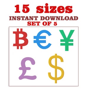 Currency Embroidery Designs: Dollar, Euro, Yen, Pound (Digital Download)