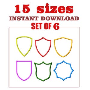 Puede incluir: Seis diseños en forma de escudo en amarillo, rojo, dorado, morado, verde y azul. La imagen incluye el texto "15 tamaños, DESCARGA INSTANTÁNEA, CONJUNTO DE 6". Estos diseños son adecuados para proyectos de bordado o manualidades digitales.