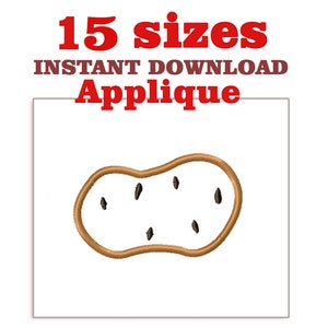 Puede incluir: Un diseño de bordado de aplique de patata marrón con 15 tamaños disponibles para descarga instantánea. El diseño presenta una patata blanca con contorno marrón y detalles de semillas negras.