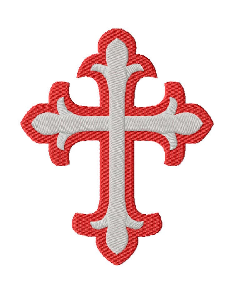 May include: A red cross with a white center, featuring a decorative, ornate design. The cross has a traditional shape with rounded edges and intricate details.