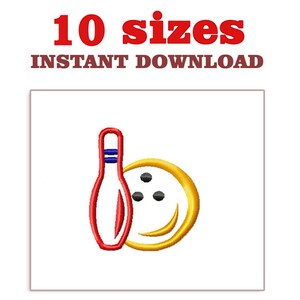 Può includere: Un disegno ricamato con un birillo rosso con strisce blu e una palla da bowling dorata con tre fori neri. Il testo "10 sizes INSTANT DOWNLOAD" è visualizzato sopra.