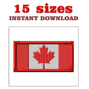 May include: Red and white Canadian flag with a red maple leaf in the centre. The flag is surrounded by a red outline. The text "15 sizes" and "INSTANT DOWNLOAD" is above the flag.