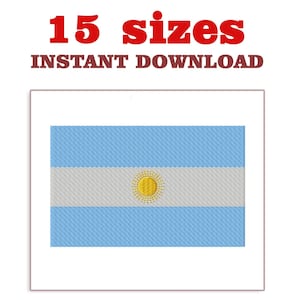 Op de afbeelding: Geborduurde Argentijnse vlag met lichtblauwe en witte strepen, met een gouden zonnembleem in het midden. De tekst "15 maten" en "DIRECT DOWNLOADEN" worden bovenaan in rood en bruin weergegeven.